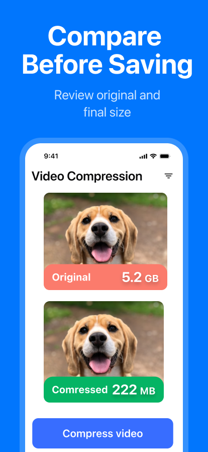 Compressor app comparing original and compressed video sizes