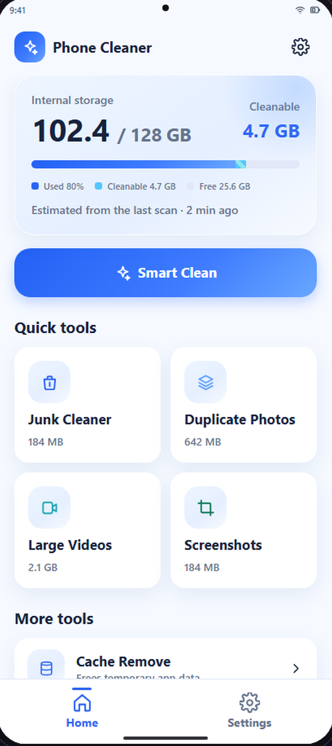 Cleaner app storage overview screen