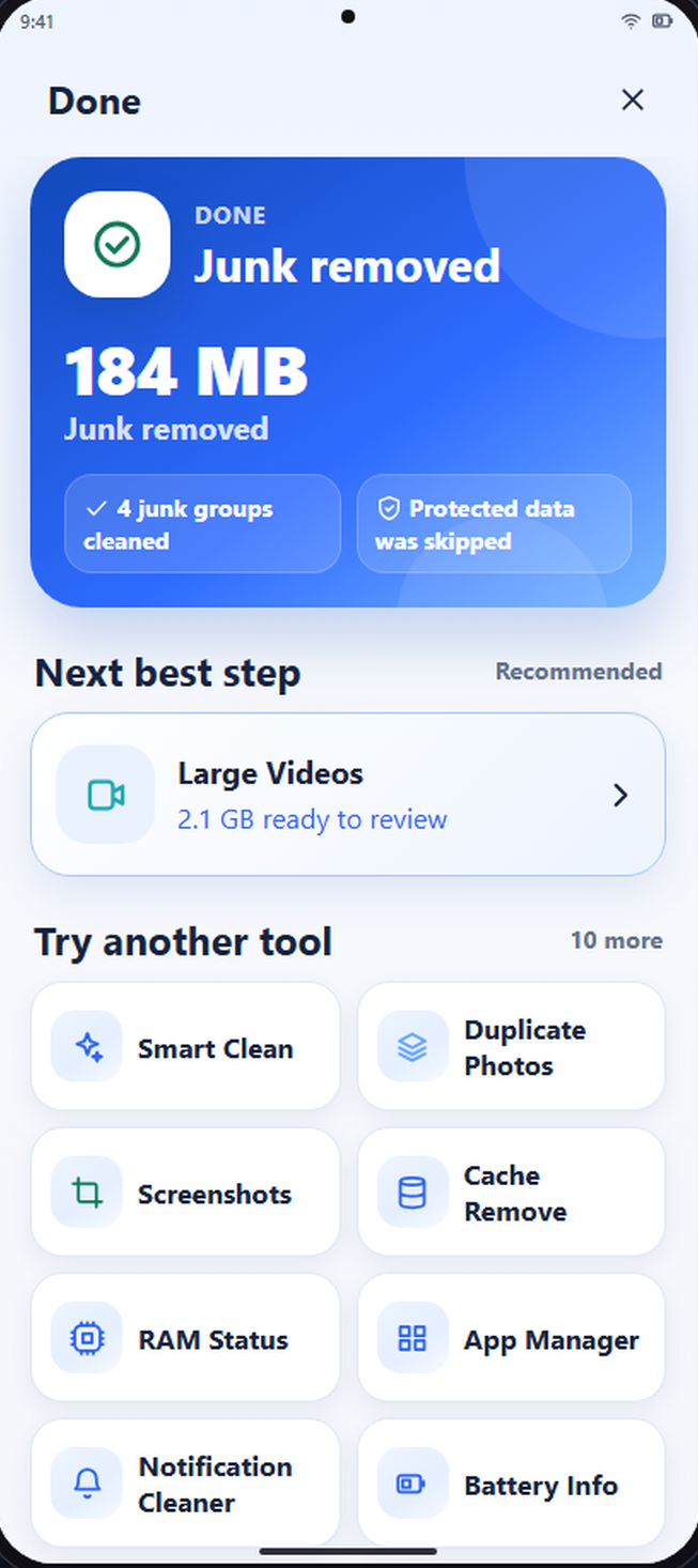Result screen reporting 184 MB of junk removed, four junk groups cleaned and protected data skipped.