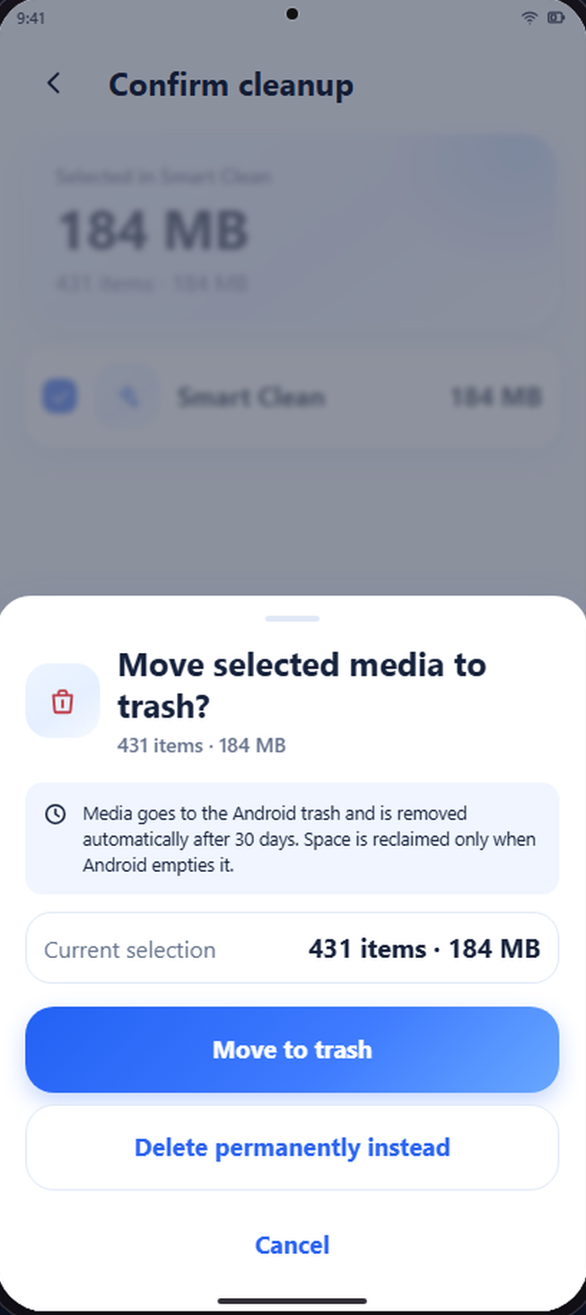 Confirmation sheet stating 431 items and 184 MB before anything is deleted, with permanent deletion offered as a separate choice.